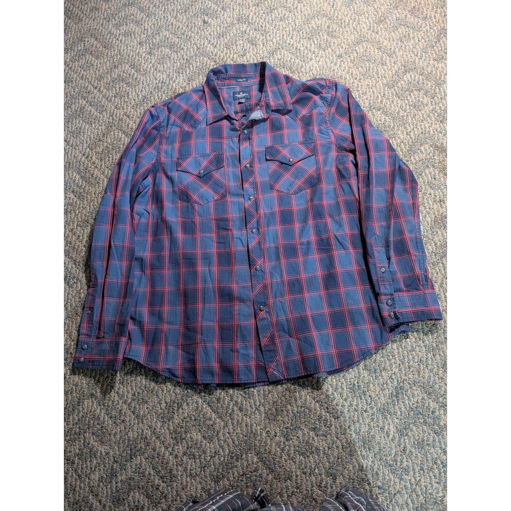 American Eagle Mens XXL Navy Red Plaid Western Pearl Snap Vintage Fit Shirt